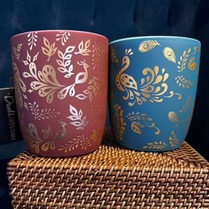 Set of Two Dwell Studio Soft Touch Coffee Mugs Teal & Clay Peacock - lovely gift